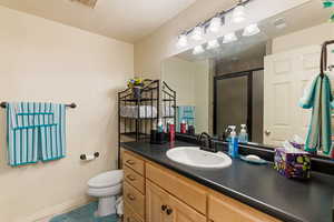 Bathroom with vanity, toilet, and a shower with shower door