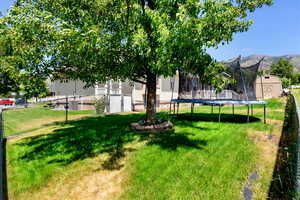 View of yard featuring a mountain view, a trampoline, and a storage unit