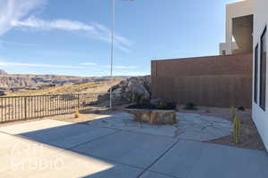 View of patio featuring a mountain view