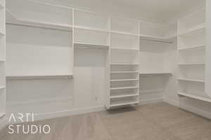 Walk in closet with light colored carpet