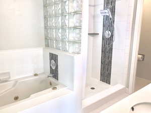 Master bathroom with vanity and shower with separate jetted bathtub