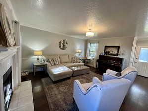 Living room featuring wood-type flooring, a textured ceiling, and crown molding