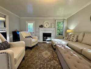 Living room featuring ornamental molding, a textured ceiling, and a tile fireplace