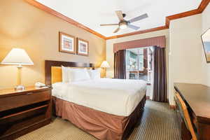 Carpeted bedroom with ceiling fan and ornamental molding