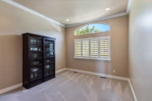 Unfurnished room featuring light carpet and crown molding