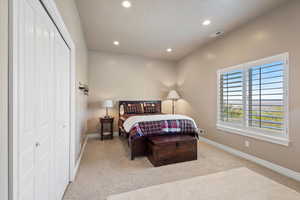 Carpeted bedroom with a closet