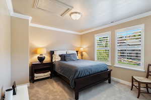 Carpeted bedroom featuring crown molding