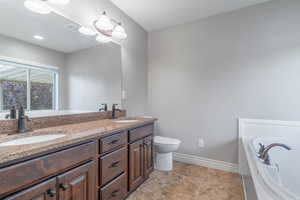 Primary bathroom with duel sink vanity, jetted tub, separate shower