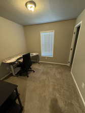 Unfurnished office featuring a textured ceiling and carpet flooring