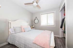 Bedroom featuring dark wood-type flooring, ceiling fan, and a closet