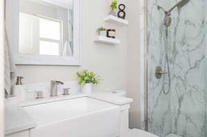 Bathroom featuring walk in shower, vanity, and toilet