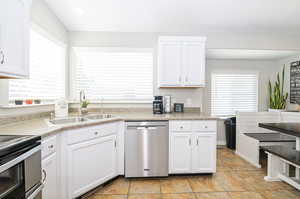 Kitchen featuring white cabinetry, dishwasher, and sink