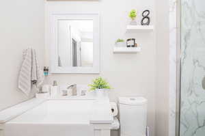 Bathroom featuring walk in shower, vanity, and toilet