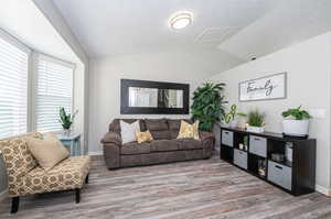 Living room featuring wood-type flooring, a textured ceiling, and vaulted ceiling