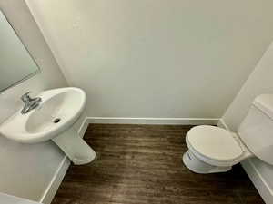 Bathroom with wood-type flooring, toilet, and sink