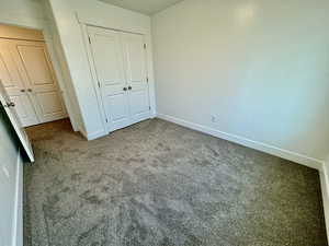 Unfurnished bedroom featuring carpet flooring and a closet