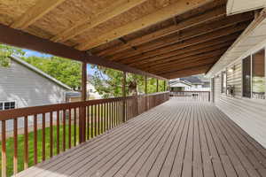 Wooden deck featuring a yard