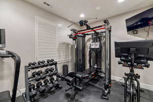 Private exercise fitness home gym w/ full dumbbell rack, weighted cable fitness system & rubber tiled flooring.