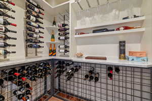 Basement wine vault room w/ built-in shelving & metal wire wine racking system.