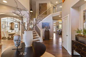 Grand entryway foyer w/ hardwood flooring, custom circular metal pendant light fixture & grand stairway.