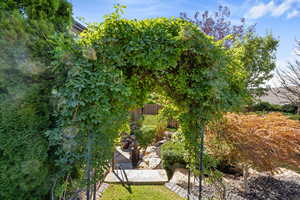 Vine covered arbor leading to private natural stone patio in backyard.