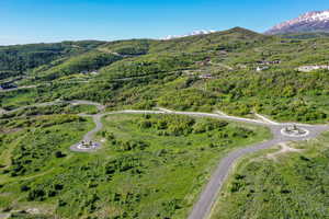 Aerial view of property's location with a mountain backdrop and a heavily wooded area