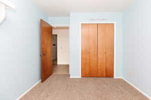 Unfurnished bedroom featuring light colored carpet and a closet