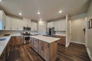 Kitchen featuring a kitchen island, stainless steel appliances, and white cabinetry