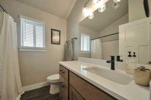 Bathroom with vaulted ceiling and a wealth of natural light