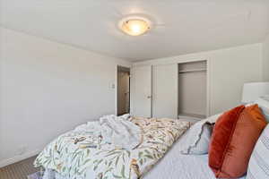 Carpeted bedroom with a closet