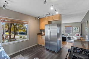 Kitchen with light brown cabinetry, a textured ceiling, stainless steel appliances, and dark wood-type flooring