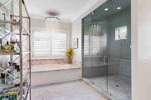 Bathroom featuring ornamental molding, a wealth of natural light, a chandelier, and separate shower and tub