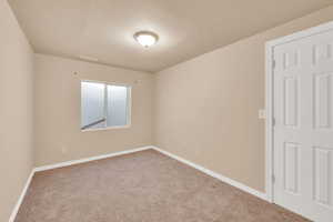 Unfurnished room featuring carpet and a textured ceiling