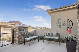 View of patio with a mountain view