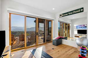 Workout area with wood-type flooring and a mountain view