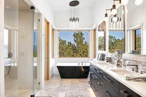 Bathroom featuring lofted ceiling, vanity, and plenty of natural light