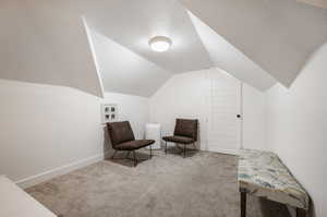 Living area featuring a textured ceiling, lofted ceiling, and light carpet