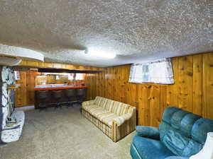 Carpeted living room with bar area, a textured ceiling, wooden walls, and a fireplace