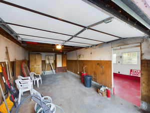 Garage with wood walls