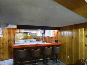 Bar with wood walls and carpet flooring