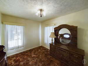 Carpeted bedroom featuring a textured ceiling