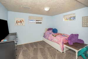 Carpeted bedroom with multiple windows and a textured ceiling