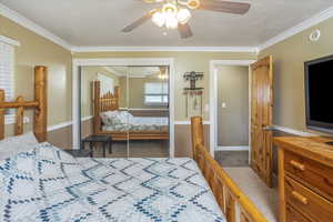 Bedroom with ceiling fan, a closet, crown molding, and dark colored carpet