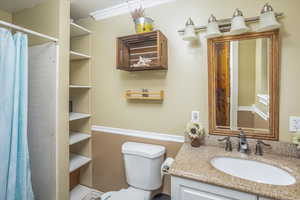 Bathroom featuring walk in shower, crown molding, vanity, and toilet