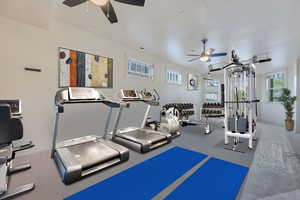 Workout area with ceiling fan