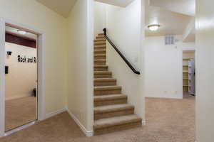 Staircase with a textured ceiling and carpet flooring