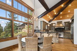 Dining room with high vaulted ceiling, beam ceiling, and plenty of natural light