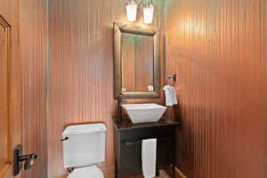 Bathroom featuring wooden walls, vanity, and toilet