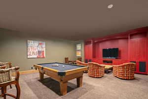 Rec room featuring pool table and carpet floors