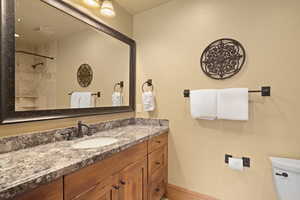 Bathroom with a tile shower, vanity, and toilet